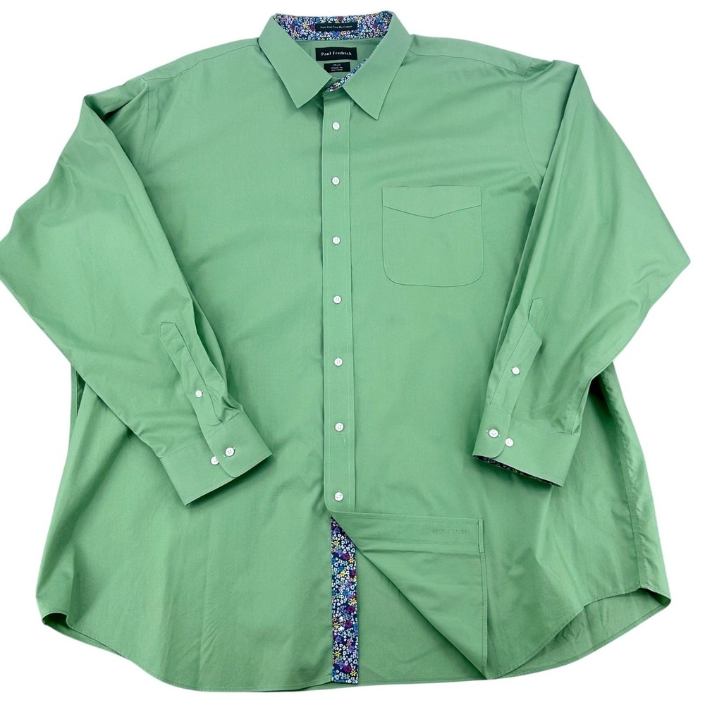 Paul Fredrick Dress Shirt Mens 19x37 Green Non-Iron Cotton Floral Trim Classic